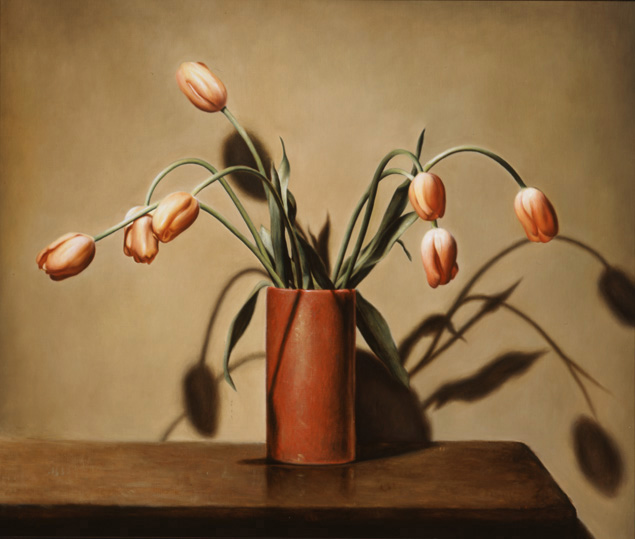 Still Life with Tulips in Red Vase